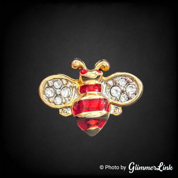 Red Enamel Bumble Bee Rhinestone Tack Pin - Picture 1 of 9